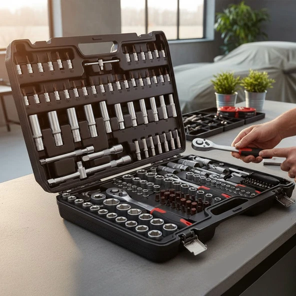 Lokma Anahtar Seti 173 Parça Profesyonel Çok Amaçlı El Alet Seti 1/2 3/8 1/4 6 Köşe CR-V Çelik - Resim 3