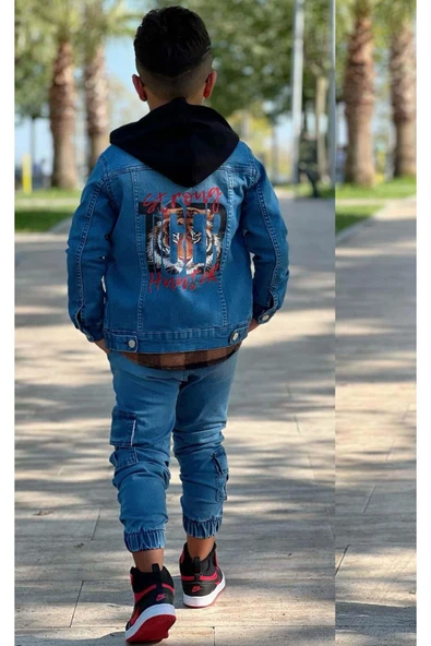 Erkek Çocuk Ekose Kapşonlu Kahverengi Oduncu Gömlek Sırtı Tiger Desen Ceket Kot Alt Üst Takım - Resim 5