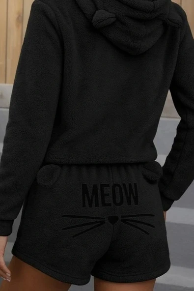 Kadın Uzun Kollu Kapşonlu Peluş Bluz Ve Kısa Short Ikili Takım - Resim 2