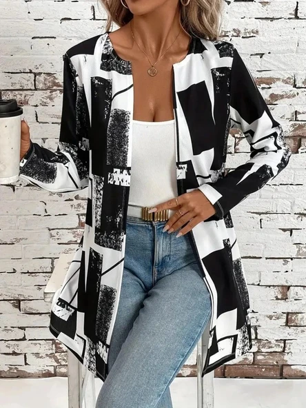 Kadın Uzun Kollu önü Açık Desenli Modal Kısa Ceket - Resim 5