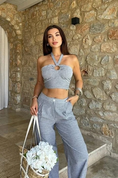 Vesna Keten Çizgili Crop Takım 98060025 - Resim 5