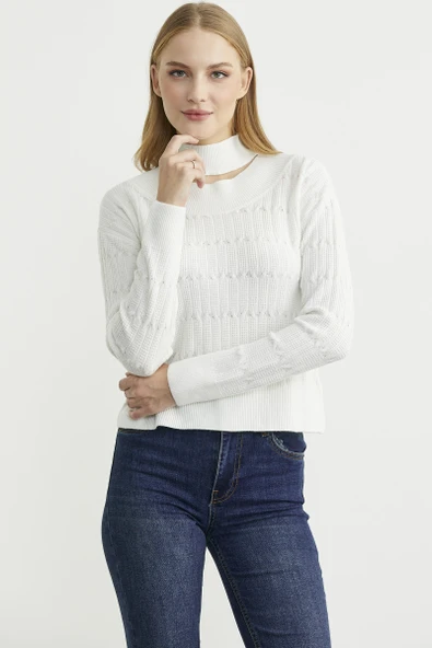 Saç Örgü Basic Dik Yaka Triko Kazak - Kemik ürün görseli