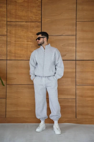 Erkek Premium Parçalı Eşofman Takım  Dik Yaka Fermuarlı Biyeli weatshirt astik Paça Alt, Oversize 3 Iplik Şardonlu  Gri ürün görseli