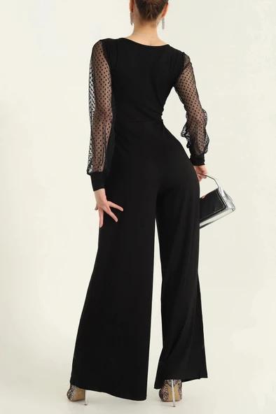 Kadın Derin V Yaka Kolları Puantiyeli Tül Detay Ispanyol Paça Tulum - Resim 2