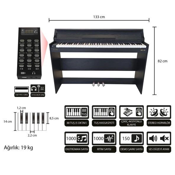Jwin Sapphire SDP-145 Çekiç Aksiyonlu 88 Tuşlu Dijital Piyano + Tabure - Siyah - Resim 2