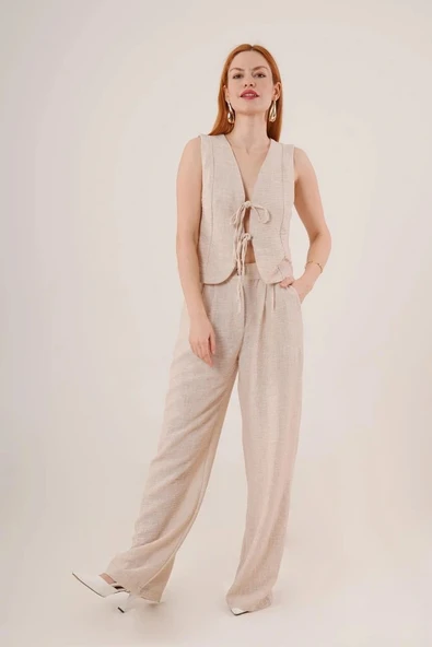 Ön Bağlama Detaylı Yelek Ve Pantolon Taş İkili Takım - Resim 3