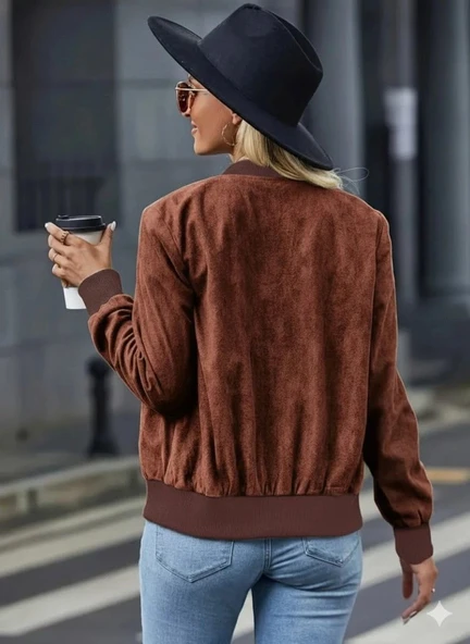 Kadın Uzun Kollu önden Fermuarlı Süet Ceket - Resim 3