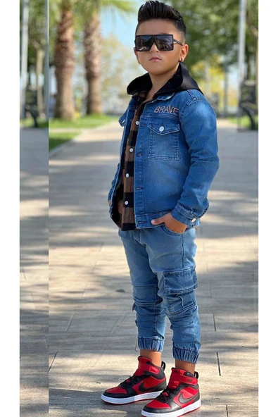 Erkek Çocuk Ekose Kapşonlu Kahverengi Oduncu Gömlek Sırtı Tiger Desen Ceket Kot Alt Üst Takım - Resim 2