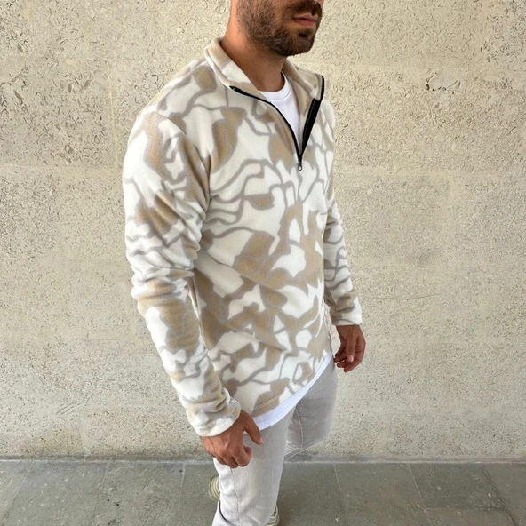 Erkek Yarım Fermuarlı Desenli Polar weat Yakalı, Uzun Kollu, Oversize Rahat Kalıp  Bej - Resim 4