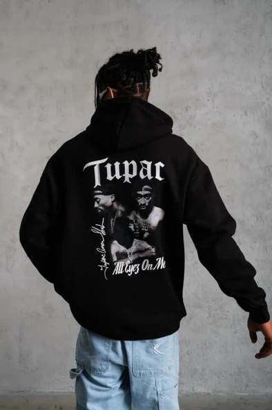 Erkek Oversize Üç İplik Kapüşonlu weat – iyah Kol Ve Etek Ribana Detaylı, Ön Ve ırt Baskılı, Kanguru Cepli Rahat Kalıp o - Resim 2