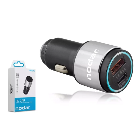 Nodar Nd1076 Usb + Type-C Pd Metal Araç Şarj Q.C 3.0 45W Silver-Siyah ürün görseli