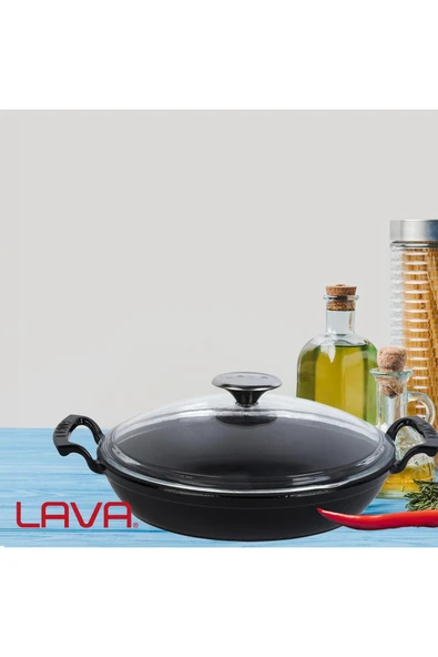 LAVA Döküm Yuvarlak Sahan Cam Kapaklı Döküm Demir Yekpare Çift Kulplu 24cm-LV Y TV 24 SHN K3 BL - Resim 7