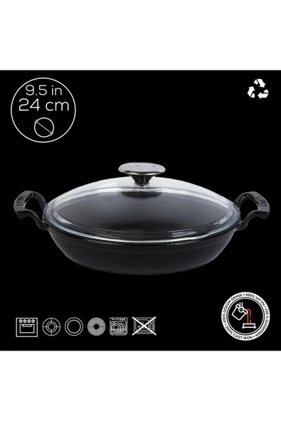 LAVA Döküm Yuvarlak Sahan Cam Kapaklı Döküm Demir Yekpare Çift Kulplu 24cm-LV Y TV 24 SHN K3 BL - Resim 4