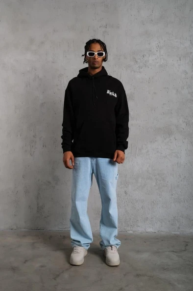 Erkek Oversize Üç İplik Kapüşonlu weat – iyah Kol Ve Etek Ribana Detaylı, Ön Ve ırt Baskılı, Kanguru Cepli Rahat Kalıp o - Resim 4