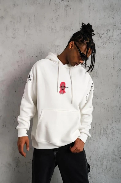 Erkek Oversize Üç İplik Kapüşonlu weatshirt – “Don’t Be Terrified” Ön, ırt Ve Kol Baskılı, Kanguru Cepli, Ribanalı Rahat - Resim 3