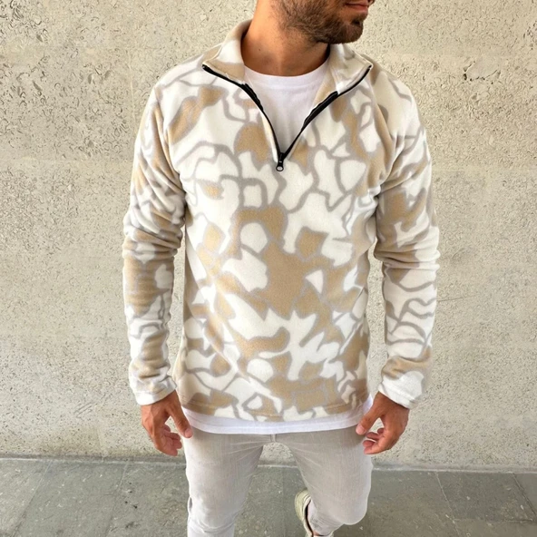 Erkek Yarım Fermuarlı Desenli Polar weat Yakalı, Uzun Kollu, Oversize Rahat Kalıp  Bej - Resim 3