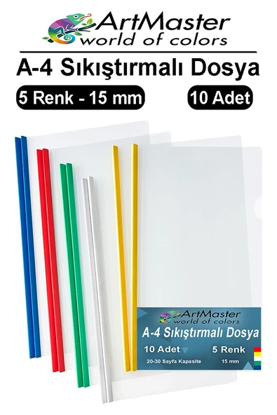 A-4 Sıkıştırmalı Yandan Sürgülü Dosya 5 Renk 10 Lu 1 Paket ArtMaster A4 Sıkıştırmalı Dosya 1 Paket Renkli Okul Ofis Büro ürün görseli 1