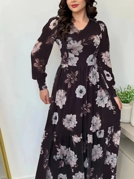 Kadın Uzun Kollu V Yakalı çiçek Desenli Maxi Süprem Elbise - Resim 2