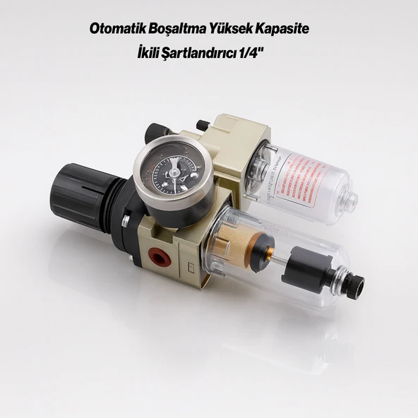 Otomatik Boşaltma Yüksek Kapasite İkili Şartlandırıcı 1/4" Pnömatik Hava Filtre Yağlayıcı FRL Seti - Resim 2