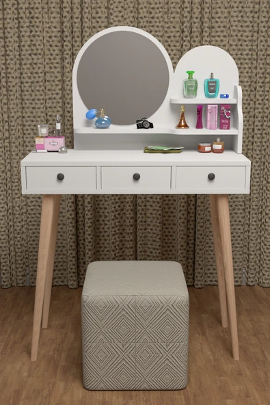 BAGAX Ahşap Ayaklı Modern Makyaj Masası Çekmeceli Büyük ürün görseli