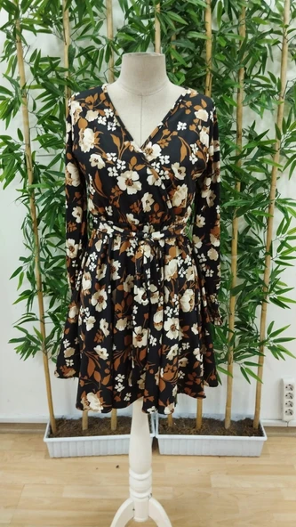 Kadın Uzun Kollu Kruvaze Yaka çiçek Desenli Dalgıç Elbise - Resim 7