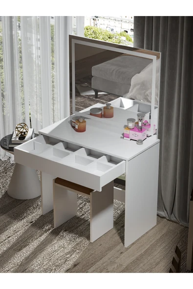 BAGAX Led Işıklı Makyaj Masası Seti Tabure Ve Ayna Dahildir Tek Çekmeceli 24001 - Resim 2