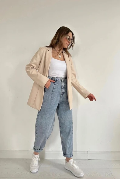 Bej Düğmeli Deri Ceket ürün görseli