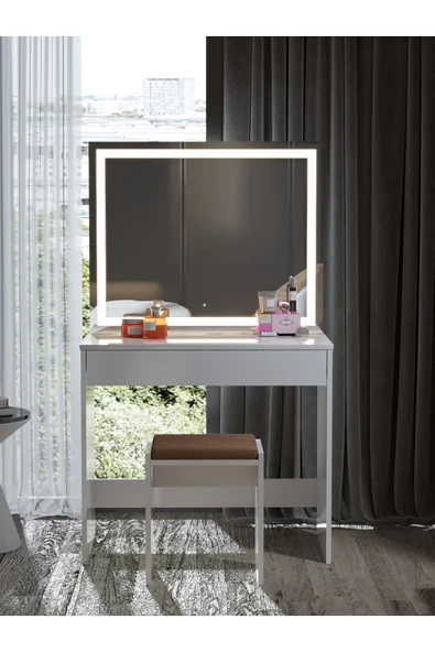 BAGAX Led Işıklı Makyaj Masası Seti Tabure Ve Ayna Dahildir Tek Çekmeceli 24001 - Resim 4