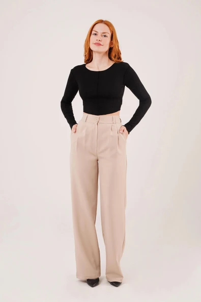 Bol Paça Piliseli Bej Pantolon - Resim 2