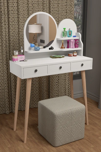 BAGAX Ahşap Ayaklı Modern Makyaj Masası Çekmeceli Büyük - Resim 4