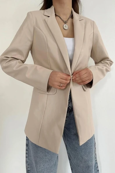 Bej Düğmeli Deri Ceket - Resim 3