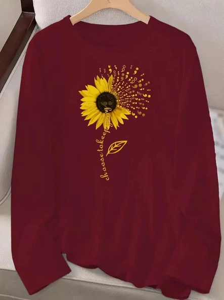 Kadın Uzun Kollu Bisiklet Yaka Ayçiçeği Desenli Viskon Bluz - Resim 2