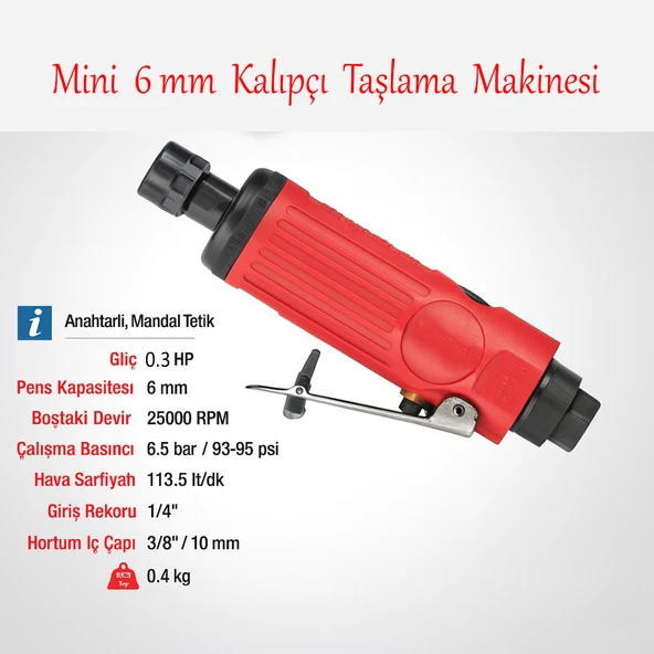 Kompresör Uyumlu Havalı Kalıpçı Taşlama Makinesi Jak Girişli 0.3 HP 25000 Rpm 6.5 Bar 1/4" 6 mm Pens - Resim 5