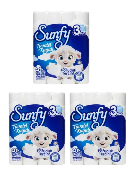 Sunfy 40'lı Tuvalet Kağıdı 3 PAKET - 3 Katlı %100 Saf Selüloz Yumuşaklığı ürün görseli