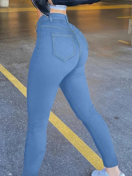 Kadın Yüksek Bel önden Düğmeli Dar Kesim Kot Pantolon - Resim 4