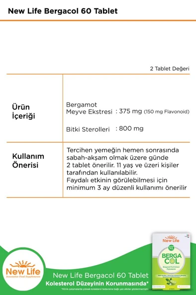New Life Bergacol 60 Tablet - Bergamot Meyve Ekstresi ve Bitki Sterolleri - Resim 2