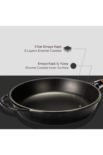 LAVA Döküm Yuvarlak Kızartma Tavası Cam Kapaklı Döküm Tak Ahşap Sap 28cm-LV Y TV 28 NH K3 BL - Resim 5