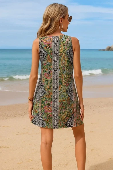 Kadın Kısa Kollu Dantel V Yakalı Desenli Süprem Elbise - Resim 2