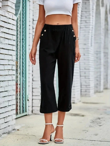 Kadın Beli Lastikli Düğme Ve Cep Detaylı Kapri Ithal Keten Pantolon - Resim 3