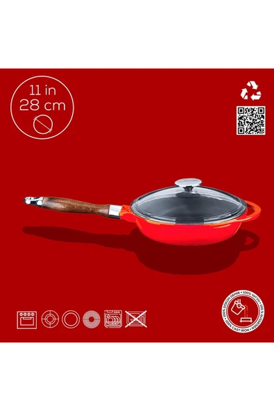 LAVA Döküm Yuvarlak Kızartma Tavası Cam Kapaklı Döküm Ahşap Sap 28cm-LV Y TV 28 NH K3 R - Resim 3