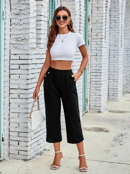 Kadın Beli Lastikli Düğme Ve Cep Detaylı Kapri Ithal Keten Pantolon - Resim 2
