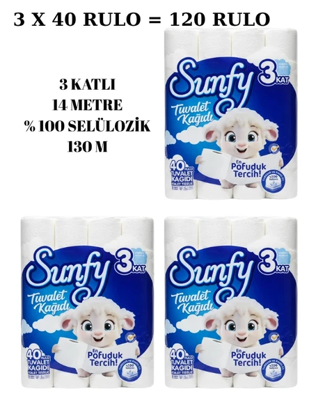 Sunfy 40'lı Tuvalet Kağıdı 3 PAKET - 3 Katlı %100 Saf Selüloz Yumuşaklığı - Resim 2