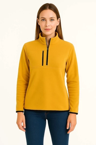 Polar Kazak – Dik Yaka, Yarım Fermuarlı, Fermuarlı Göğüs Cepli, iyah Biyeli, Kışlık Rahat Regular Fit Günlük odel  arı - Resim 4