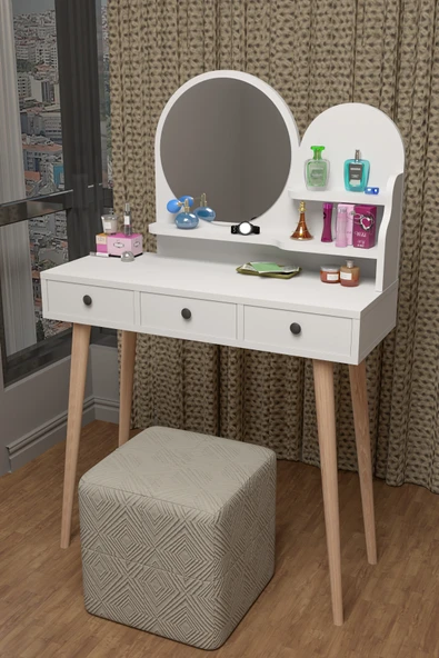 BAGAX Ahşap Ayaklı Modern Makyaj Masası Çekmeceli Büyük - Resim 5