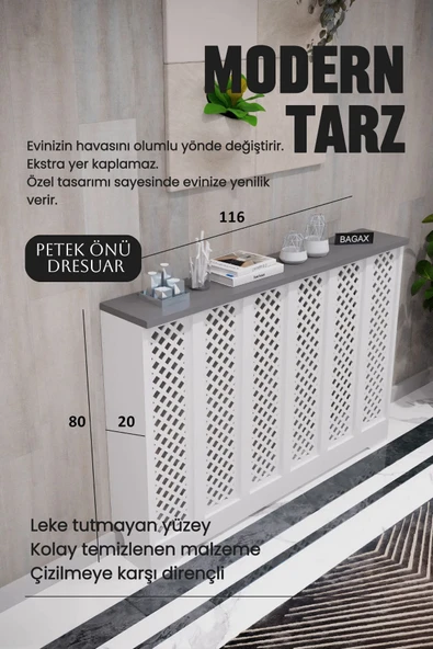 BAGAX Zeugma Model, Beyaz Üstü Antrasit Renk,iç Ölçü 116 Cm Dış Ölçü 120 Cm Petek Kaplama, Dresuar - Resim 2