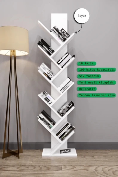 BAGAX Likya Model, Beyaz Renk, 10 Raflı Dekoratif Kitaplık - Resim 2
