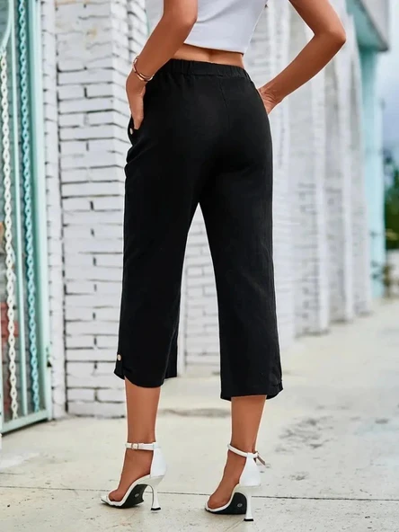 Kadın Beli Lastikli Düğme Ve Cep Detaylı Kapri Ithal Keten Pantolon - Resim 5