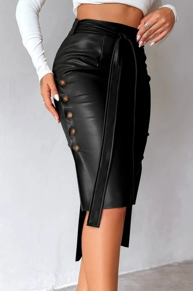 Kadın Yüksek Bel Kuşaklı Yanlardan Düğmeli Mini Deri Etek - Resim 2