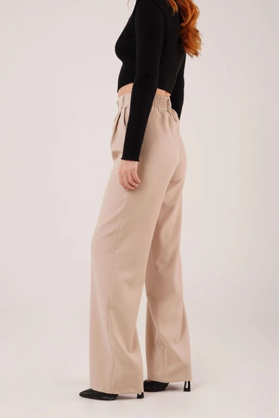 Bol Paça Piliseli Bej Pantolon - Resim 3