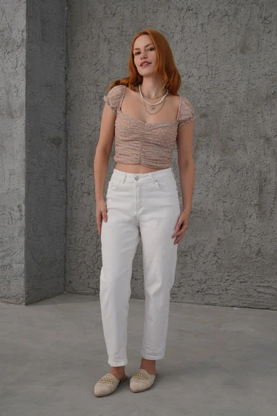 Puantiyeli Belden Oturtmalı Tül Krem Bluz - Resim 3